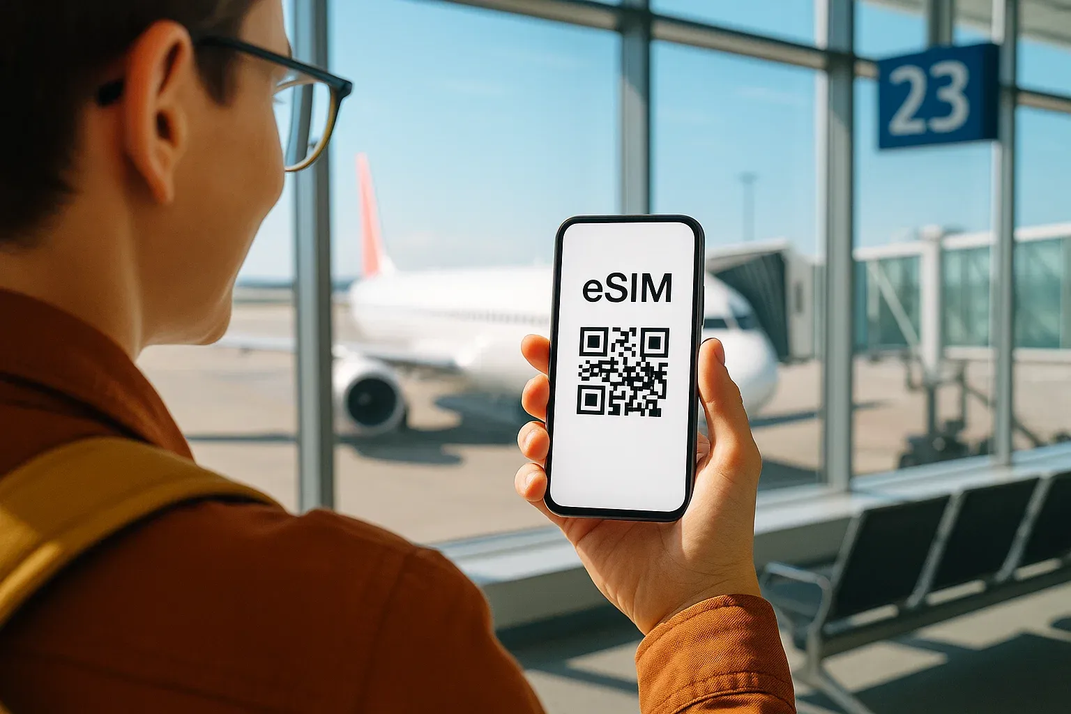 Traveler holding smartphone at an airport gate showing eSIM QR code, airplane visible outside — bright, tech-savvy, modern travel feel.