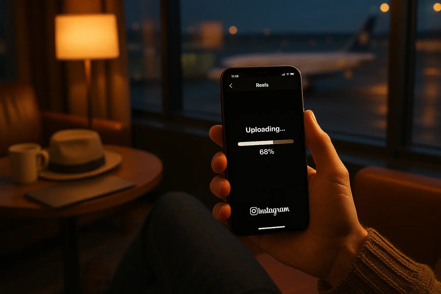 Traveler holding smartphone showing Instagram Reels screen with high-speed upload progress — cozy airport lounge, evening light, digital-nomad lifestyle atmosphere.