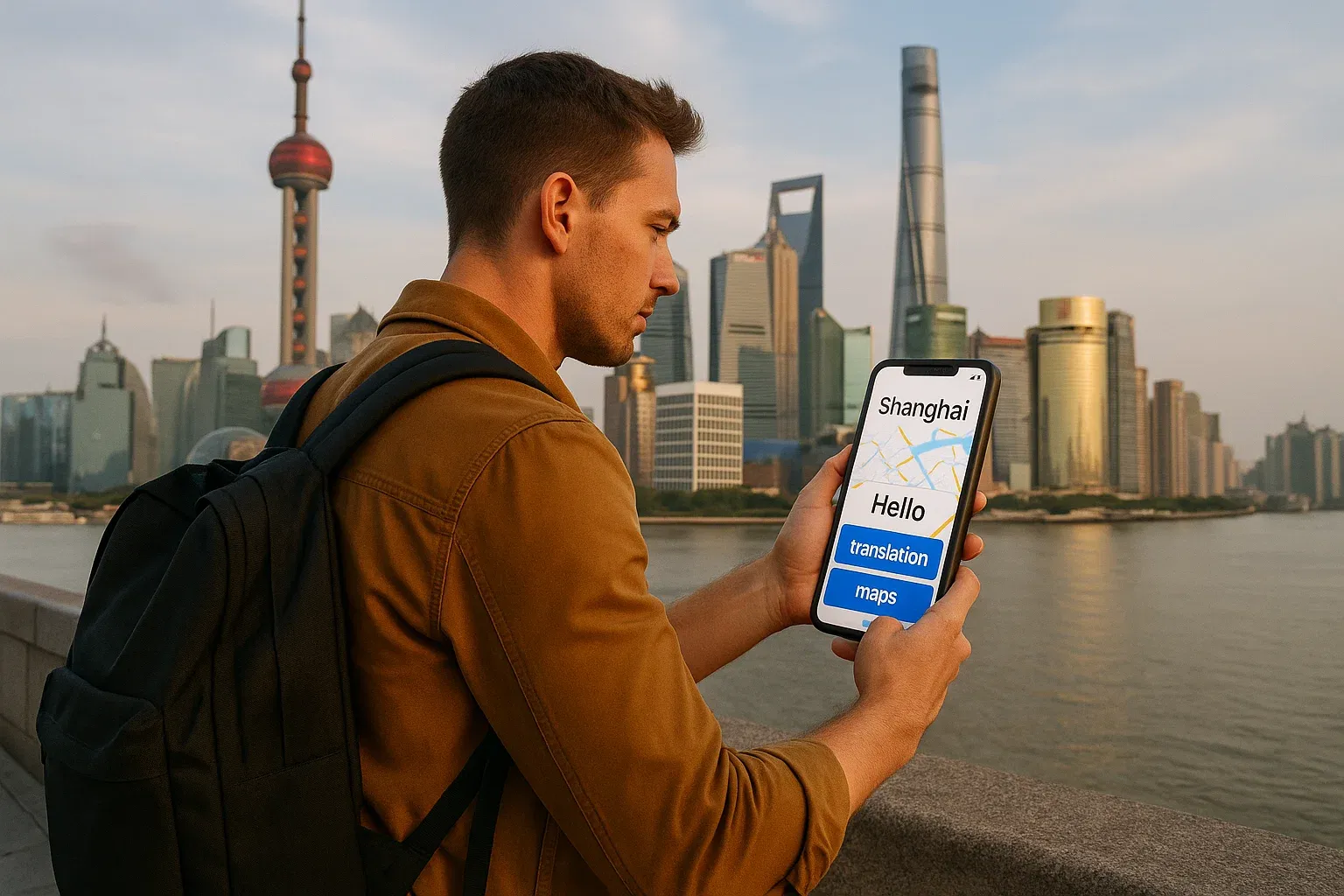 Traveler in Shanghai looking at skyline with phone while using translation and maps, confident tone, guidance for mobile use