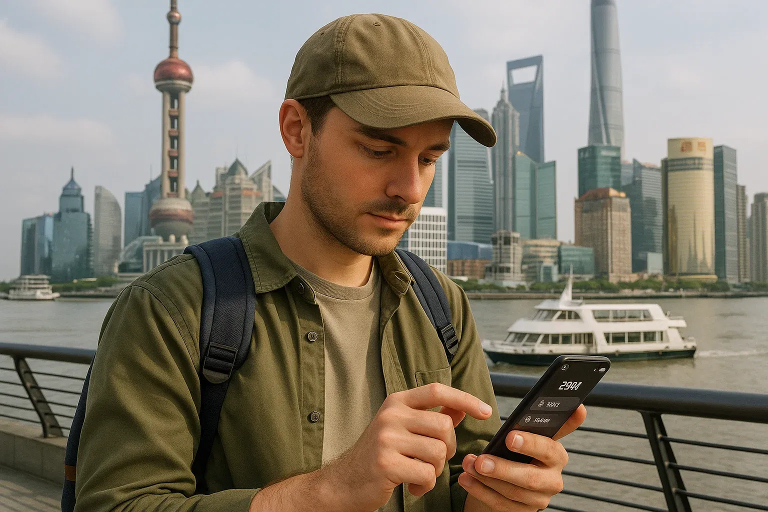 Traveler in Shanghai skyline ferry terminal configuring eSIM settings on smartphone, emphasis on seamless city connectivity and calm planning mood