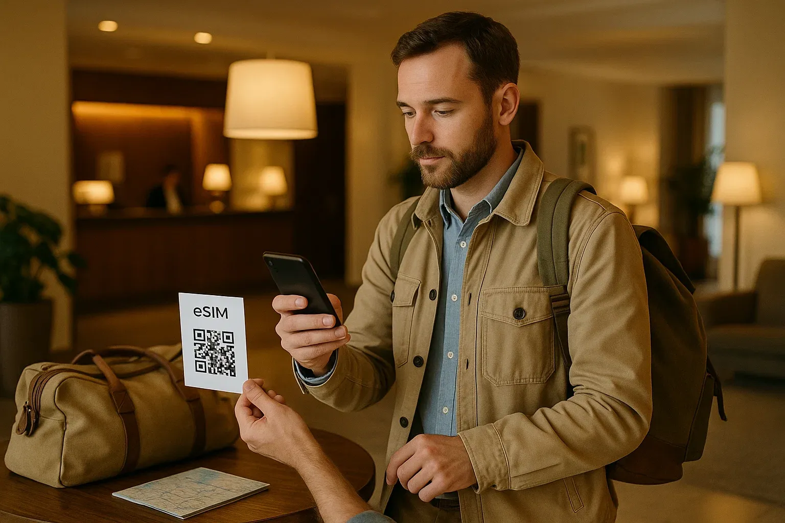 Traveler in a Lisbon hotel lobby scanning an eSIM QR code before heading out to explore the city, soft indoor lighting, calm and organized travel moment
