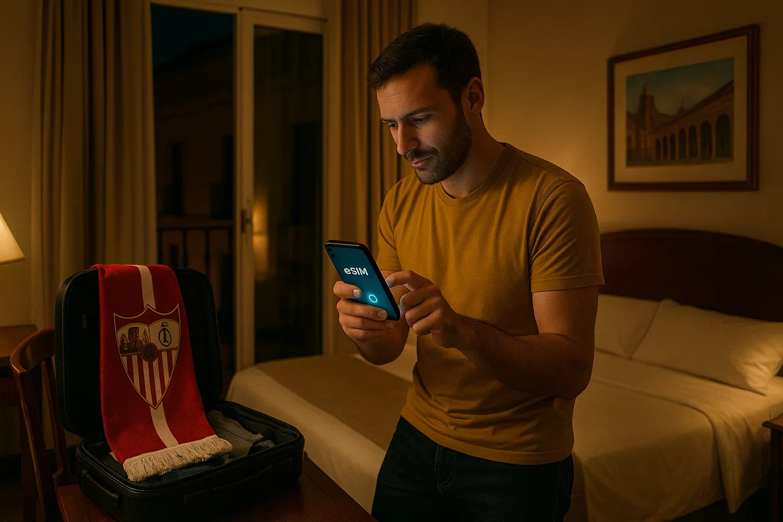Traveler in a Seville hotel room activating an eSIM before heading to a La Liga football match, warm lighting, focused and energetic mood