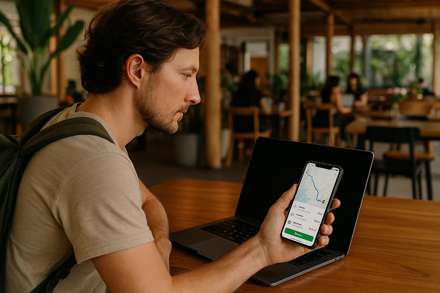 Traveler in a coworking café in Indonesia, phone showing Grab ride options and a route map, laptop open