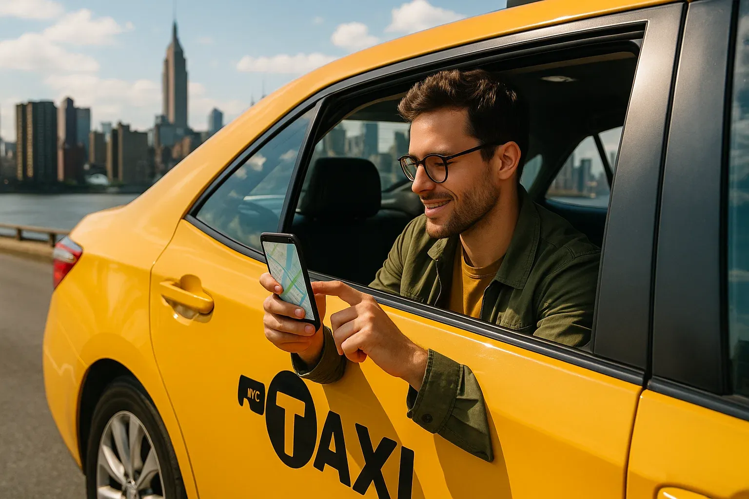 Traveler in a yellow NYC taxi using smartphone for navigation with skyline in background, dynamic modern travel tone, representing seamless eSIM connectivity