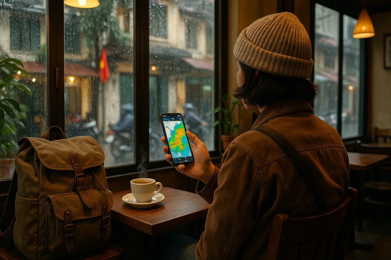 Traveler inside Hanoi café checking weather radar app on smartphone, rain visible through window — cozy, connected travel scene.