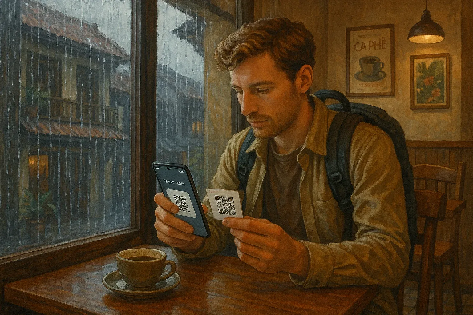 Traveler inside a Vietnamese café installing an eSIM QR code on a smartphone while rain pours outside; cozy indoor setting highlighting digital safety and preparation