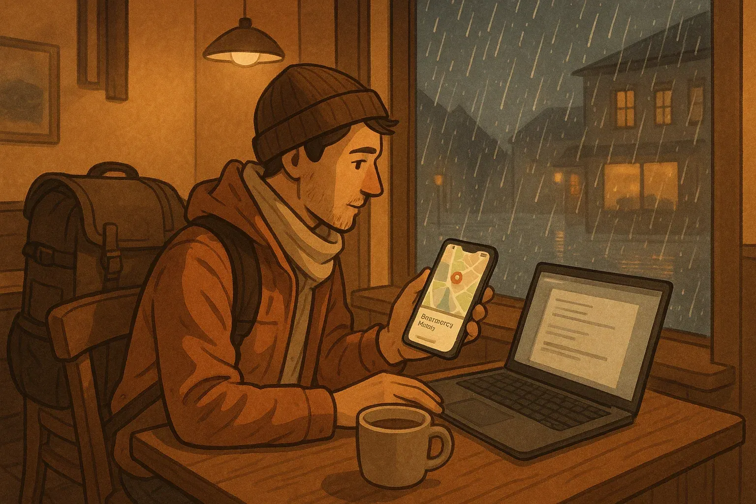 Traveler inside a cozy cafe, rain outside the window, phone screen showing maps and emergency notes, laptop open for remote work