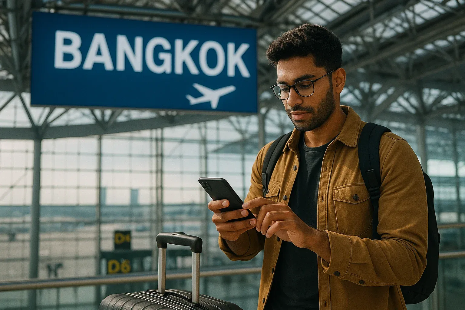 Backpacker using phone across ASEAN landmarks like temples, beaches, and city skylines, confident travel tech mood