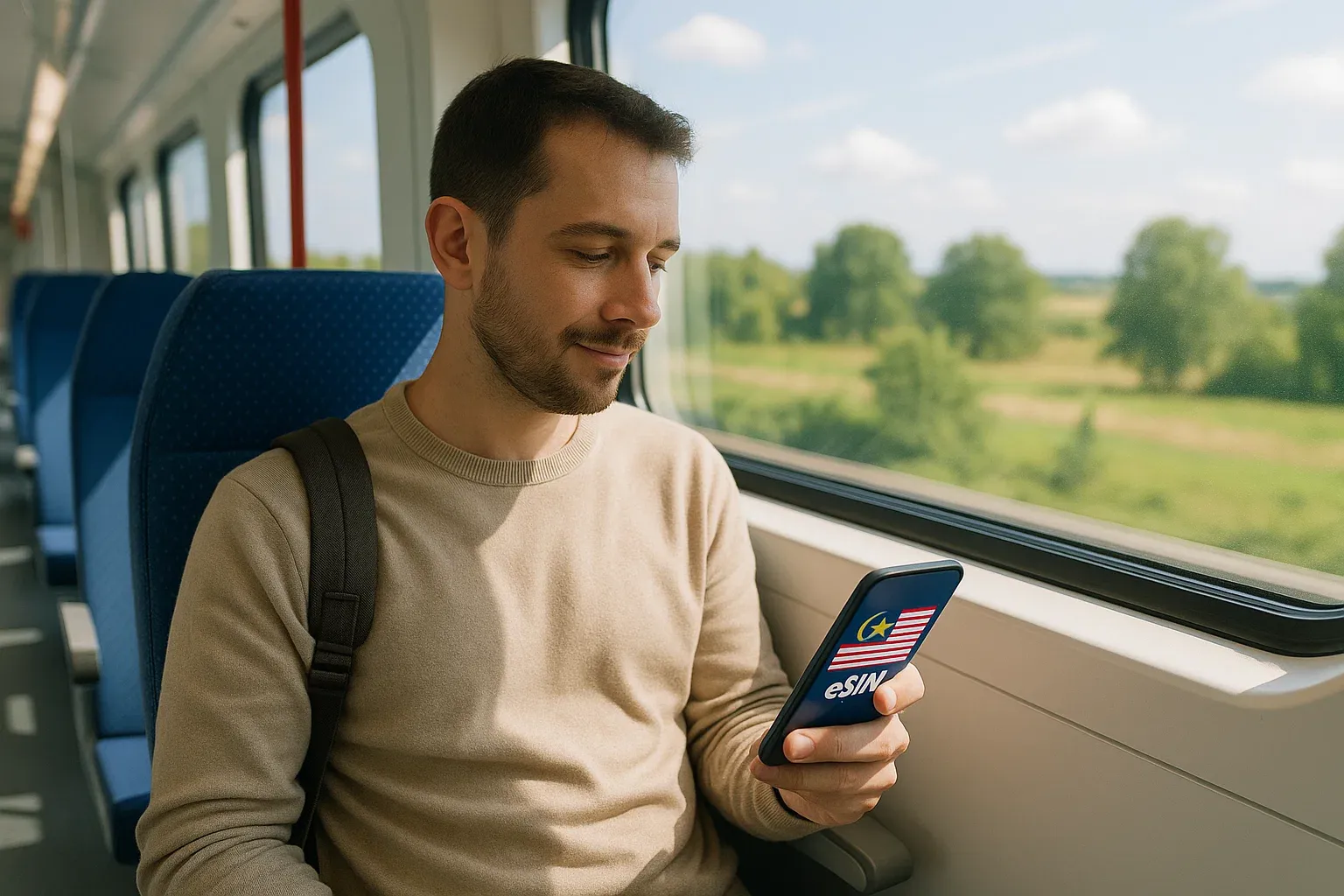 Traveler on RTS Link train glancing at phone showing active Malaysia eSIM, comfortable seat and bright window scene suggesting effortless connectivity