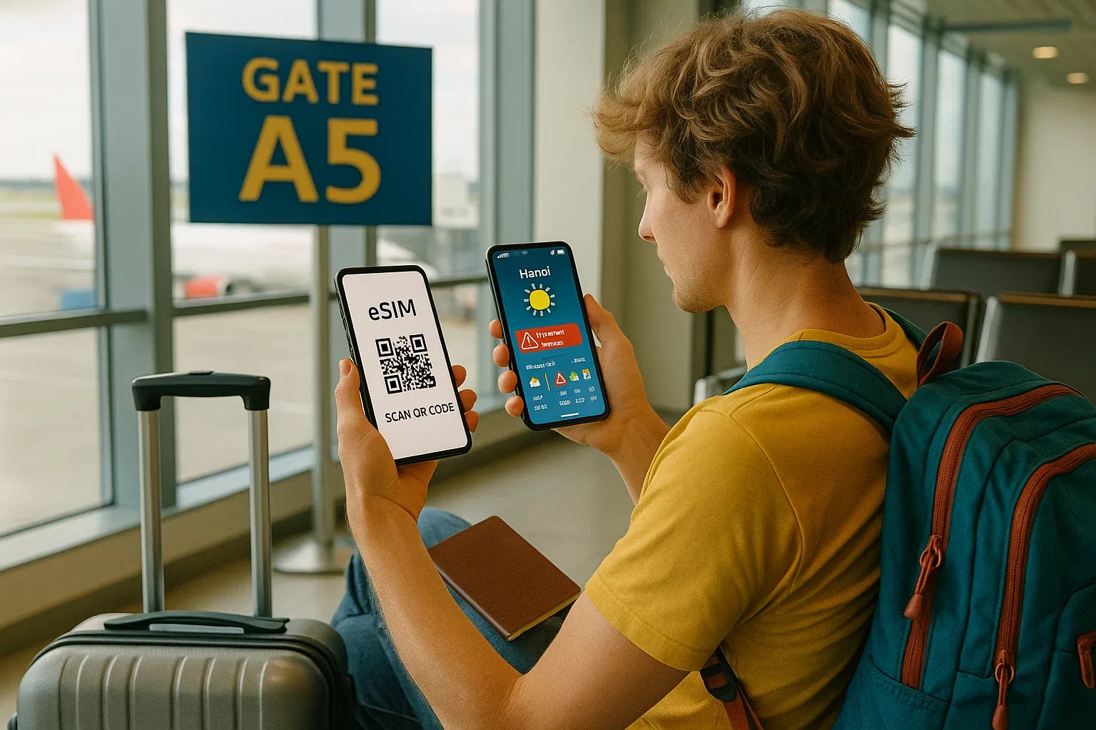 Traveler preparing for Vietnam trip at an airport gate, scanning eSIM QR code on a smartphone while checking weather alerts, bright and informative mood