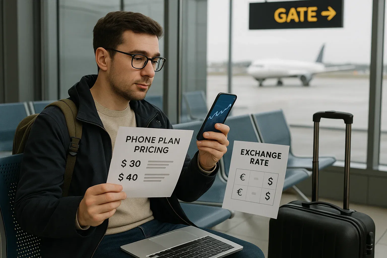 Traveler reviewing phone plan pricing at an airport gate while monitoring exchange rate changes, calm instructional tone, smart planning concept