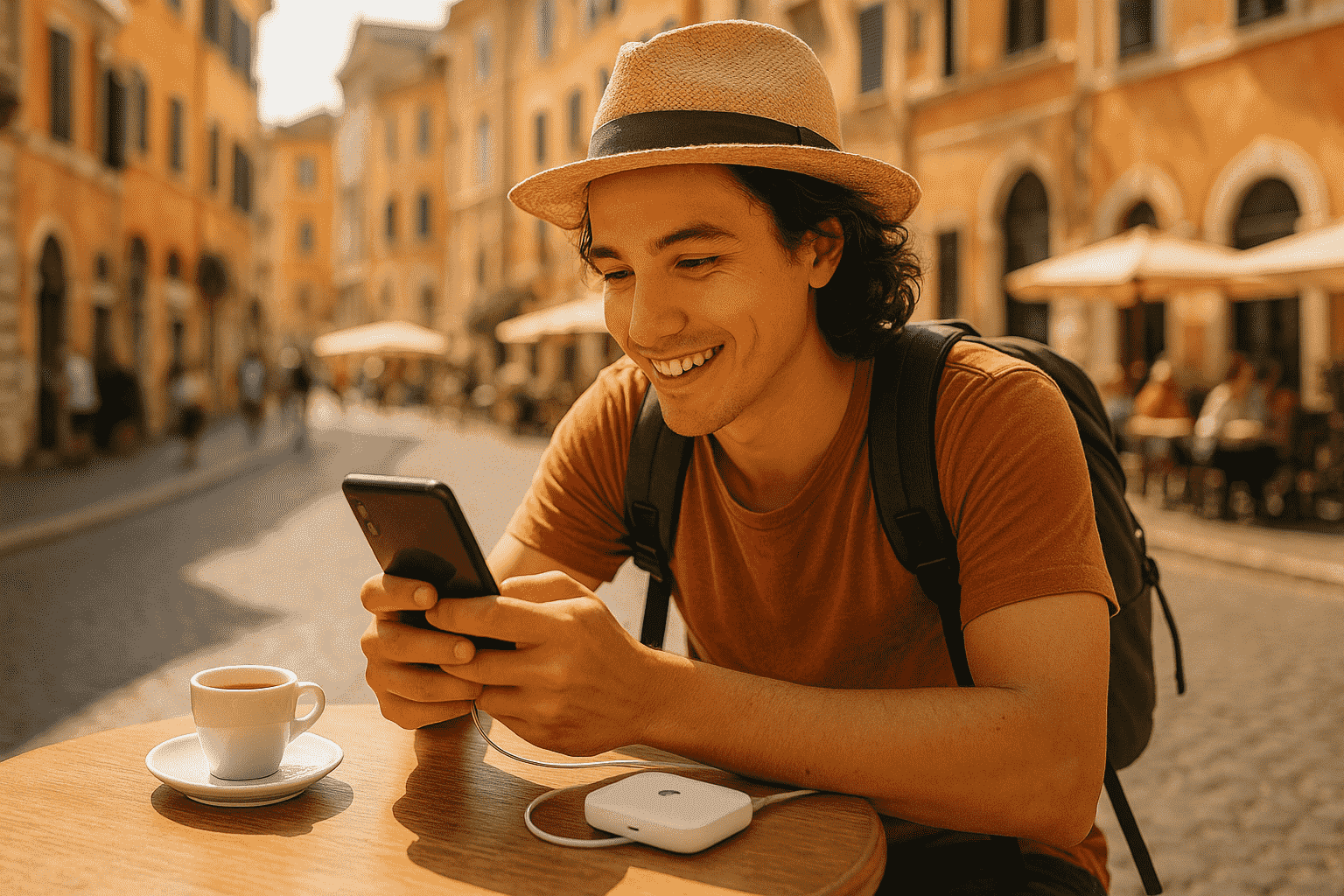 A traveler using a pocket wifi europe at a café to stay connected during their trip.