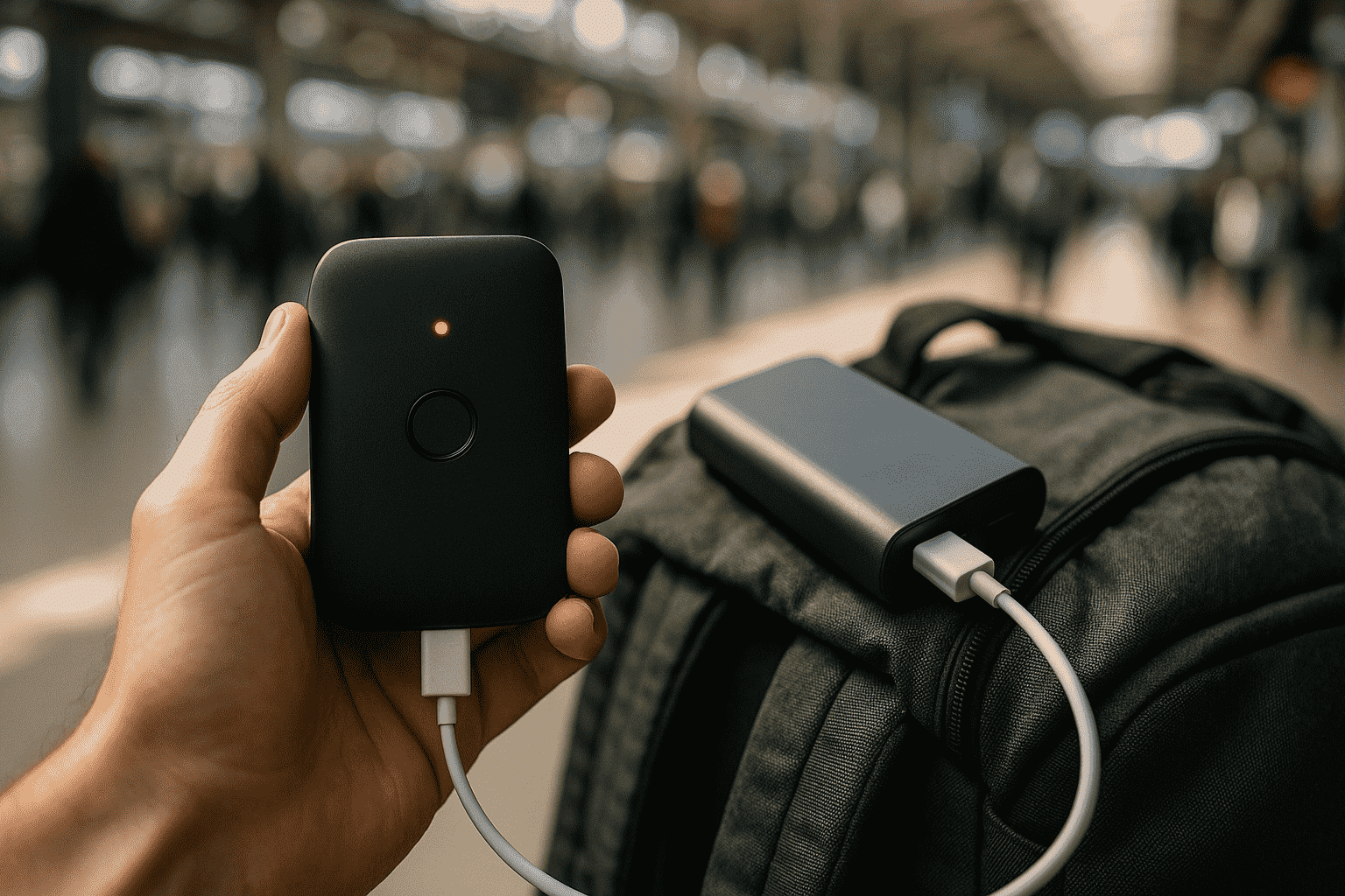 A pocket wifi for Europe being charged with a power bank, highlighting battery life issues.