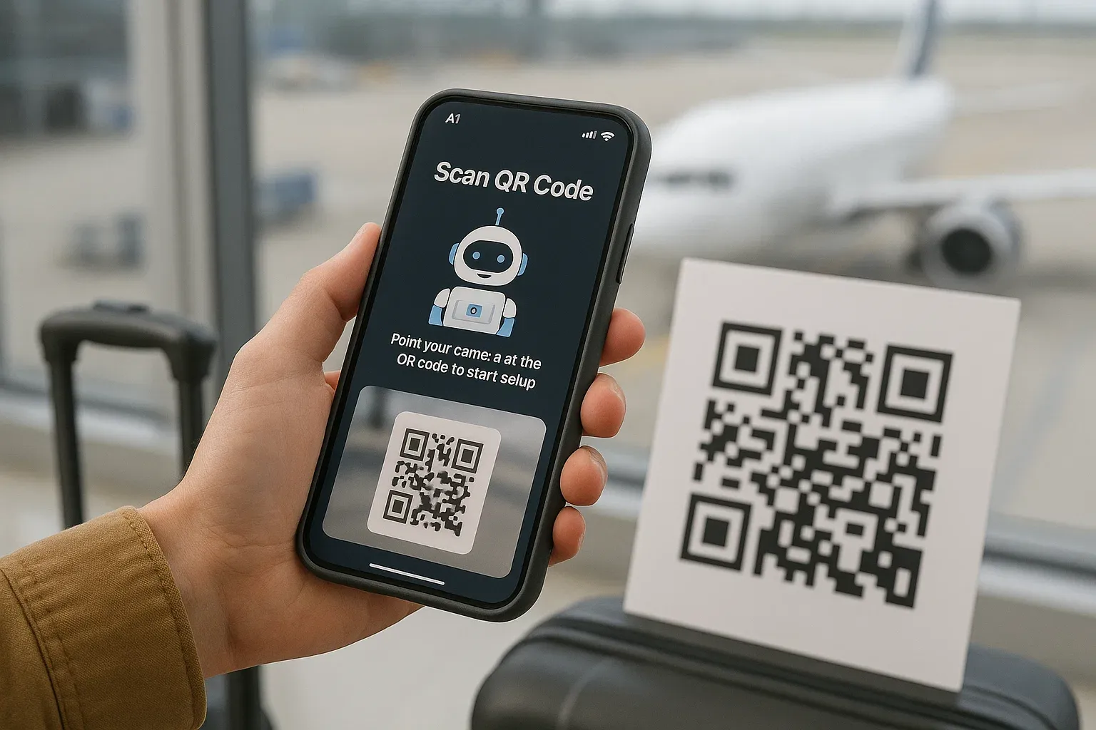 Traveler scanning QR code before flight with AI app open on screen, supportive tone showing ease of setup