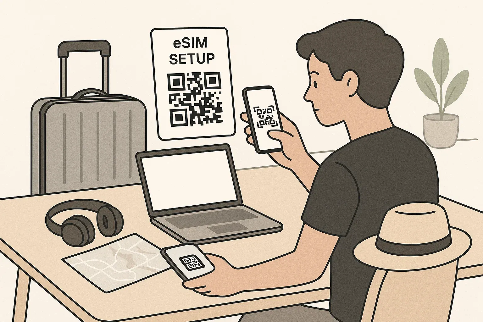 Traveler scanning QR code for eSIM setup at desk with luggage and travel gear, clean minimalist style — image for article illustration