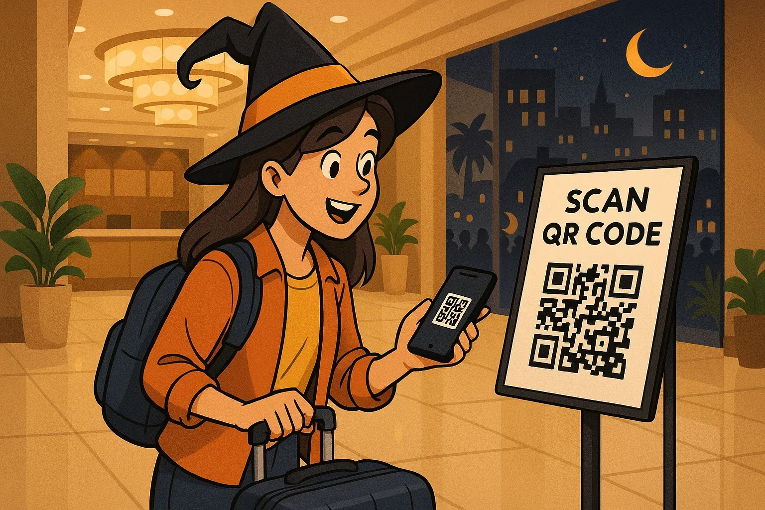 Traveler scanning QR code in hotel lobby before heading out to Halloween party in Ho Chi Minh City, cheerful and helpful navigation tone