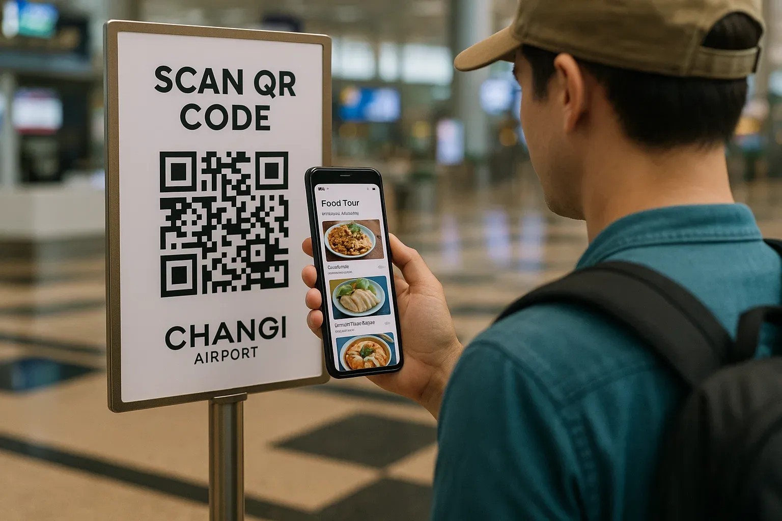 Traveler scanning QR code on phone at Changi Airport while starting a food tour itinerary with hawker centers on screen