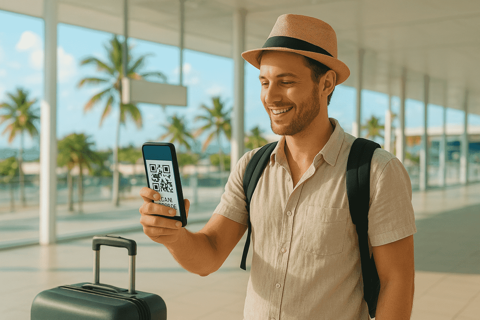 Traveler scanning QR code on phone at tropical airport, suitcase beside them; bright airy travel scene; tone: upbeat, modern, flexible; purpose: demonstrate simple eSIM activation process during Caribbean travel