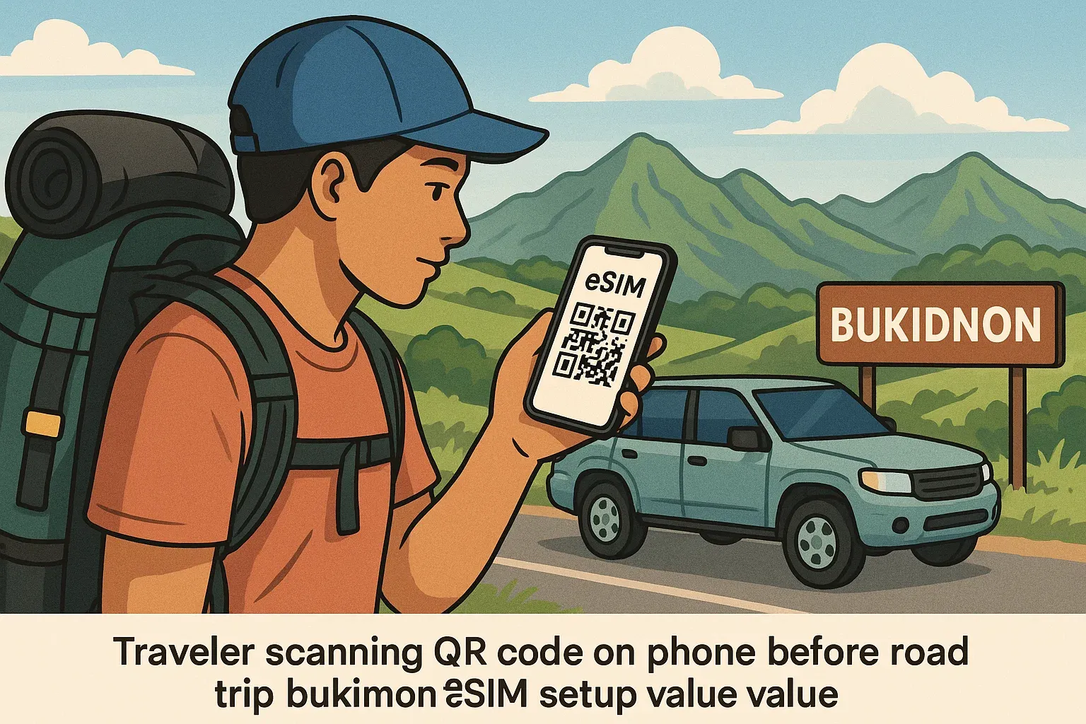 Traveler scanning QR code on phone before road trip to Bukidnon highlands, instructional tone showing eSIM setup value