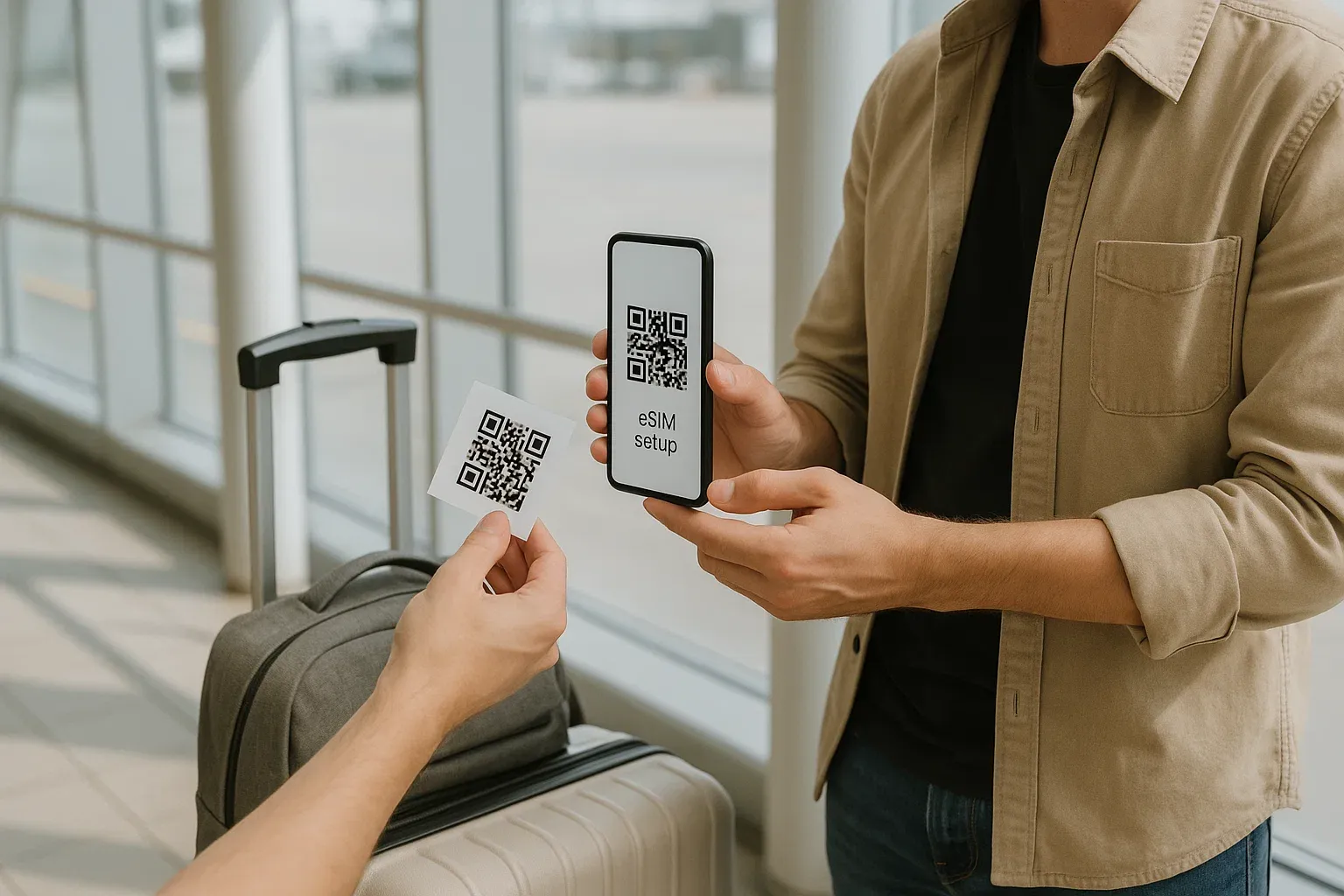 Traveler scanning QR code on smartphone for eSIM setup at airport terminal, clean travel gear in background — image for article illustration