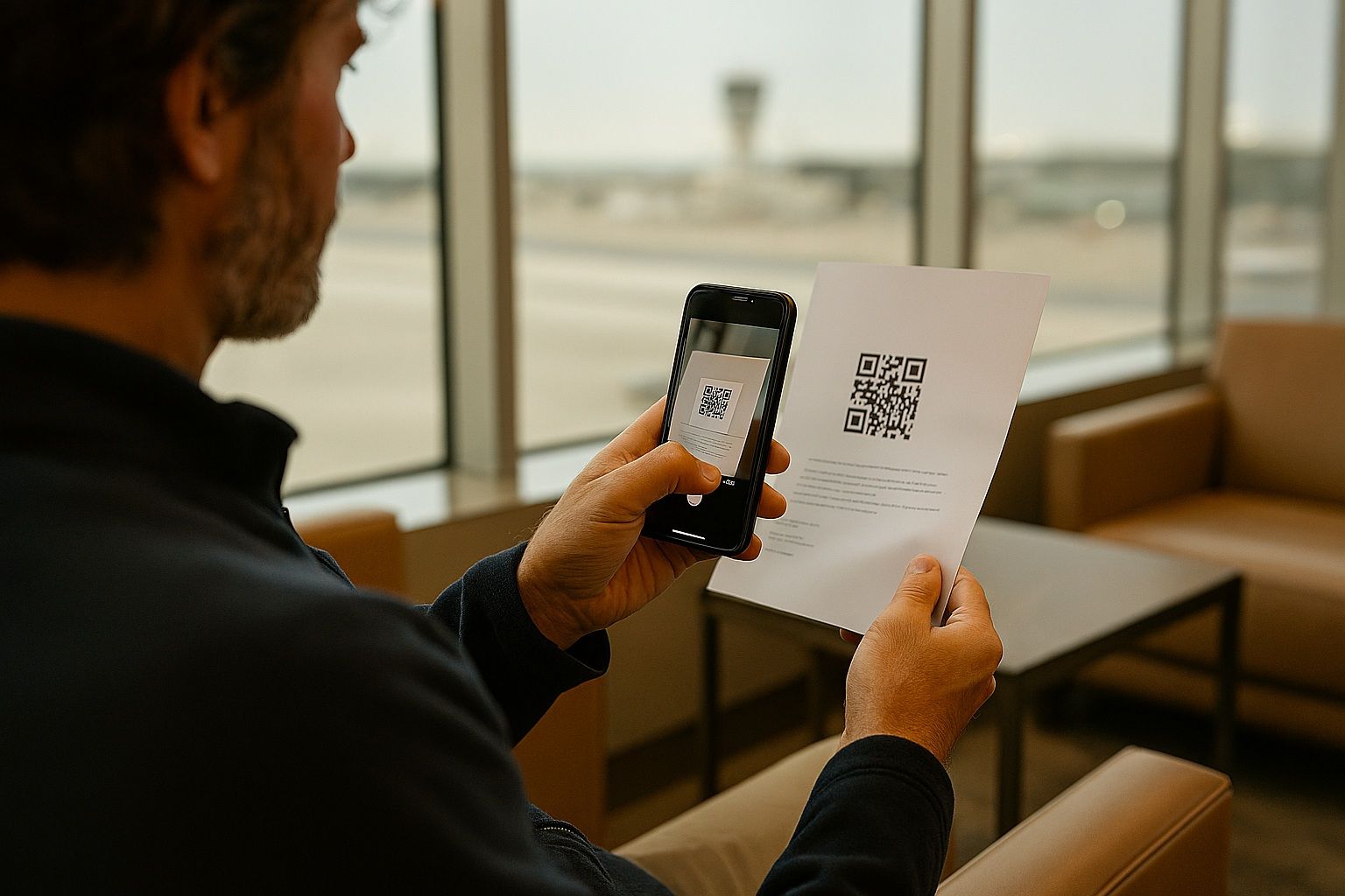 Traveler scanning QR code on smartphone to activate eSIM inside airport lounge, documentary travel photography, smooth tones — prompt for step guide visual