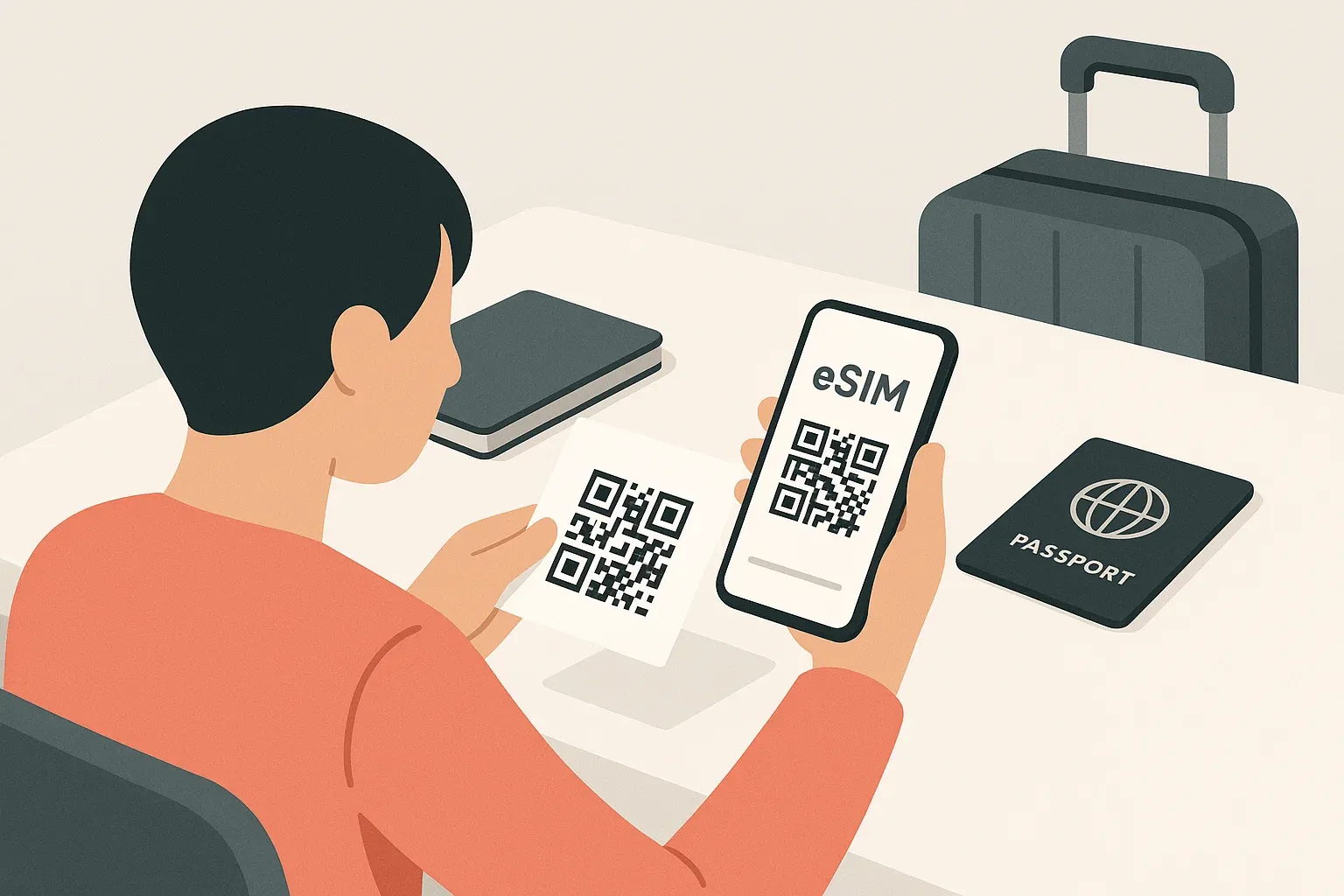 Traveler scanning QR code to activate eSIM on smartphone, clean minimalist desk setting, tech-forward travel preparation — second article illustration