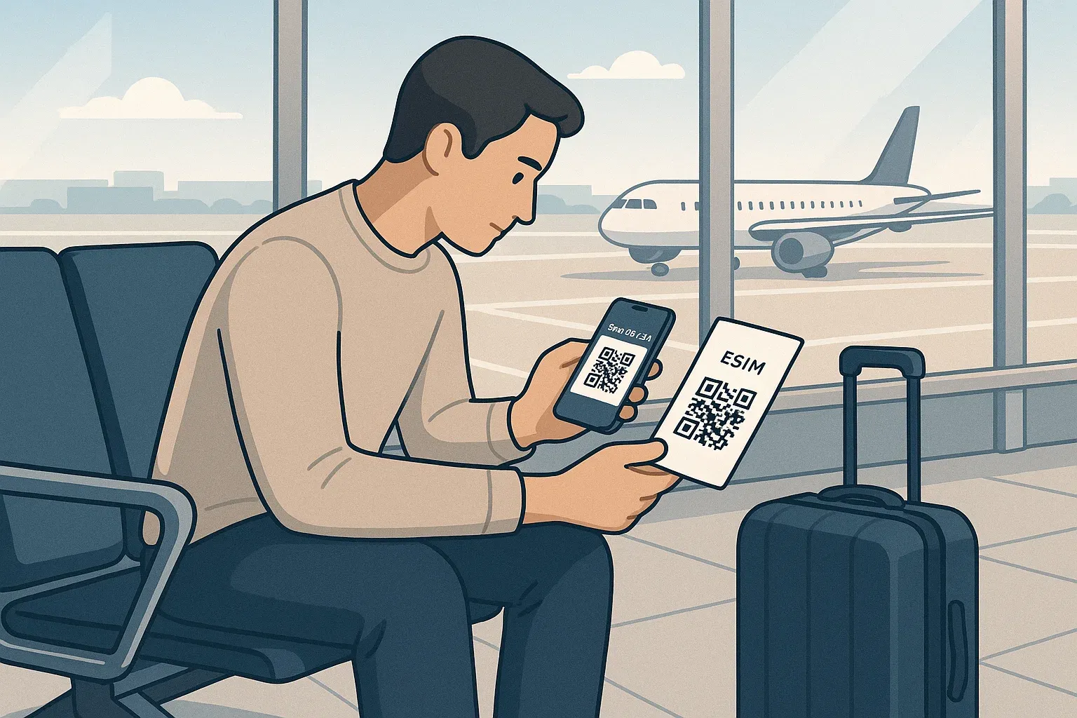 Traveler scanning QR code to activate eSIM while sitting at an airport terminal overlooking runway, clean modern aesthetic — second article illustration