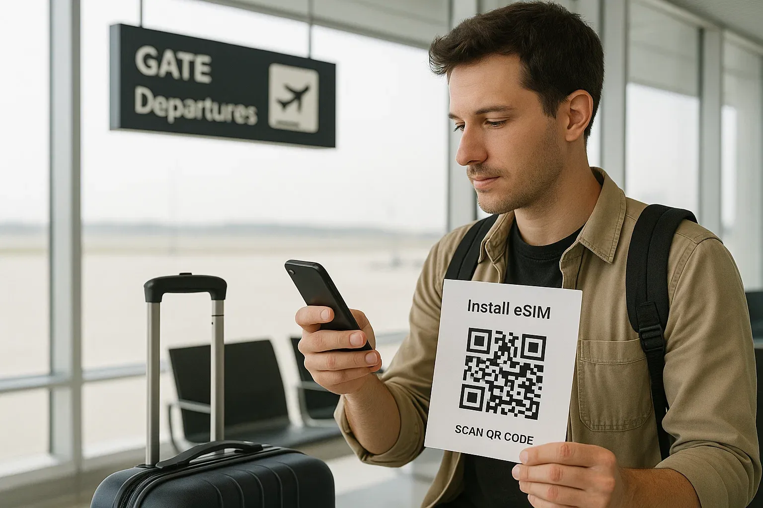 Traveler scanning an eSIM QR code while waiting at Woodlands checkpoint before crossing to JB; relaxed travel mood and modern tech setting