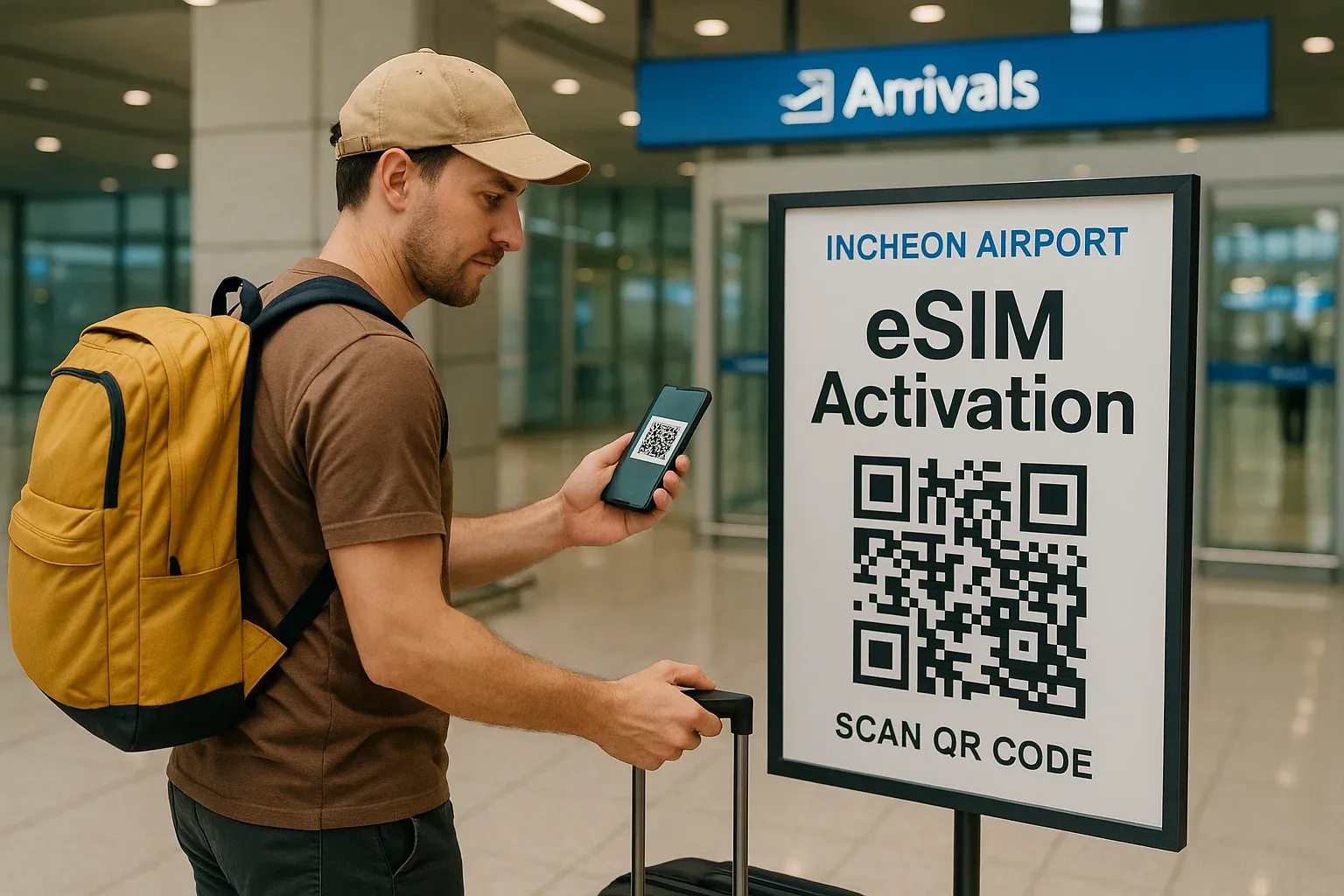 Traveler scanning QR eSIM activation at Incheon Airport arrivals area, seamless digital experience tone