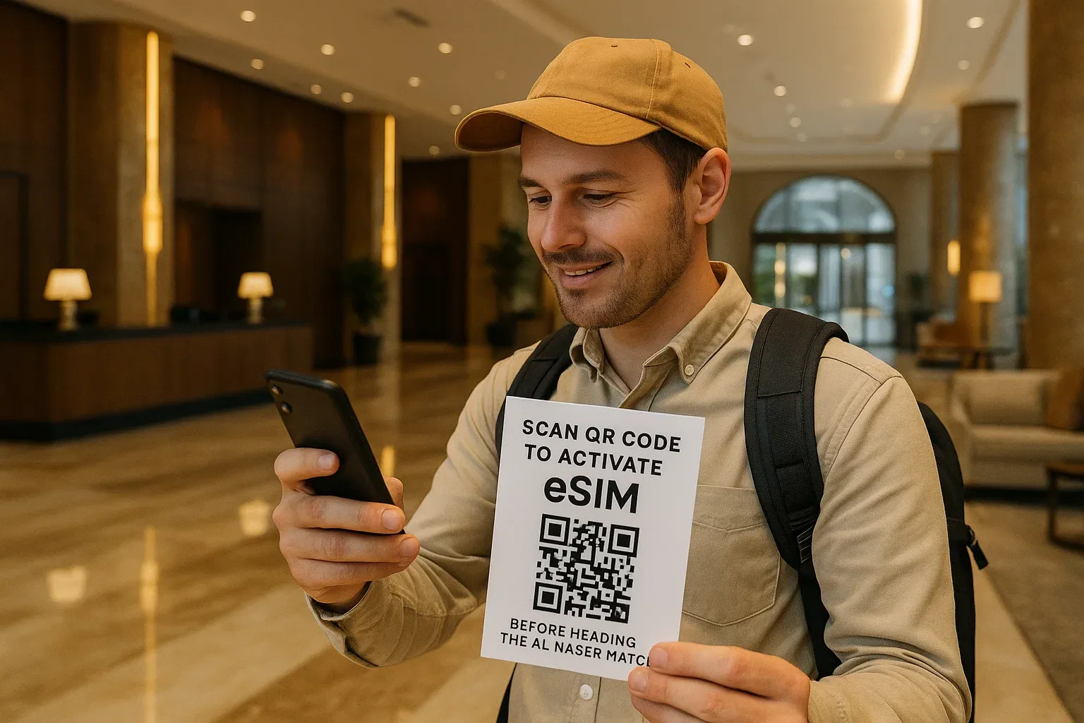 Traveler scanning QR eSIM code in Riyadh hotel lobby before heading to Al Nassr match, reassuring and guided tone for usage