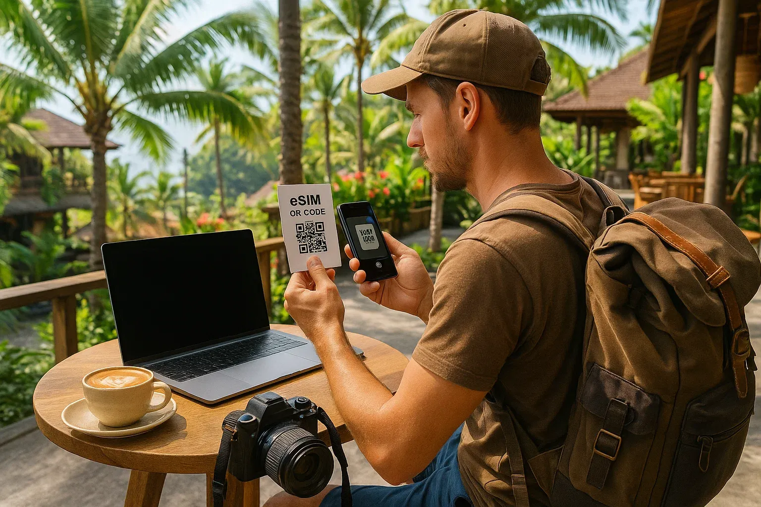 Traveler scanning an eSIM QR code at a Bali café surrounded by coffee, laptop, and travel gear; bright daylight with tropical digital-nomad atmosphere