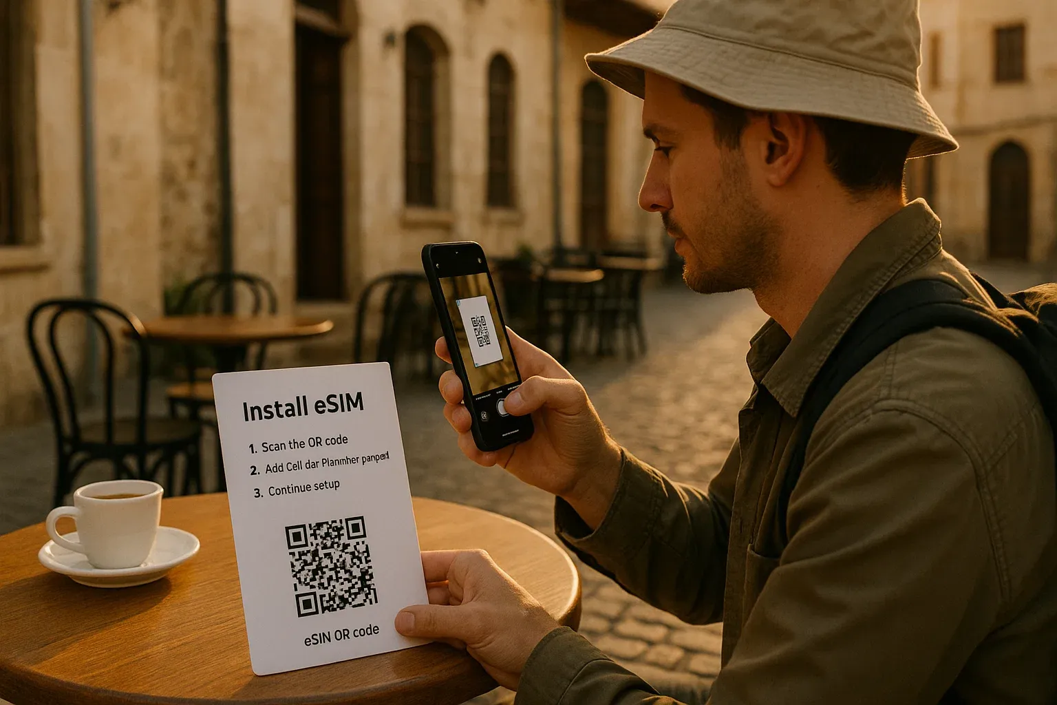 Traveler scanning an eSIM QR code at a café in Gaziantep, soft afternoon light, balanced composition, focused on simple setup steps
