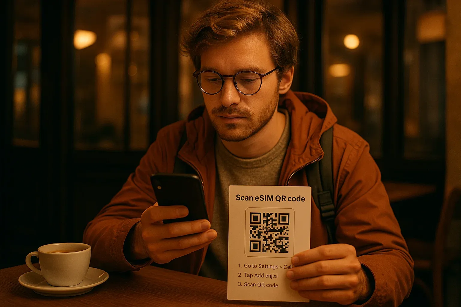 Traveler scanning an eSIM QR code inside a London café, warm evening tones, calm atmosphere, focused on simple setup steps