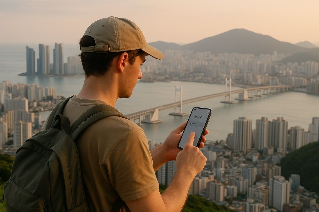 Traveler setting up eSIM on smartphone while overlooking Busan skyline — calm, tech-savvy, productive scene