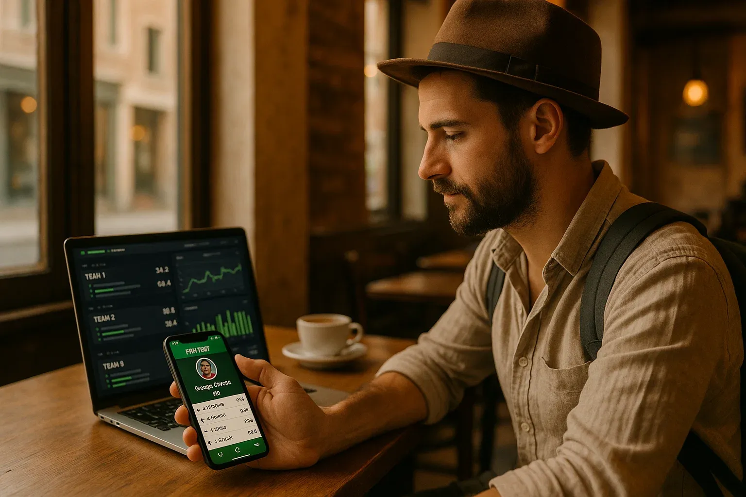 Traveler sitting in a café abroad checking fantasy player updates on a phone; warm atmosphere, laptop open with sports analytics dashboard, calm and focused vibe