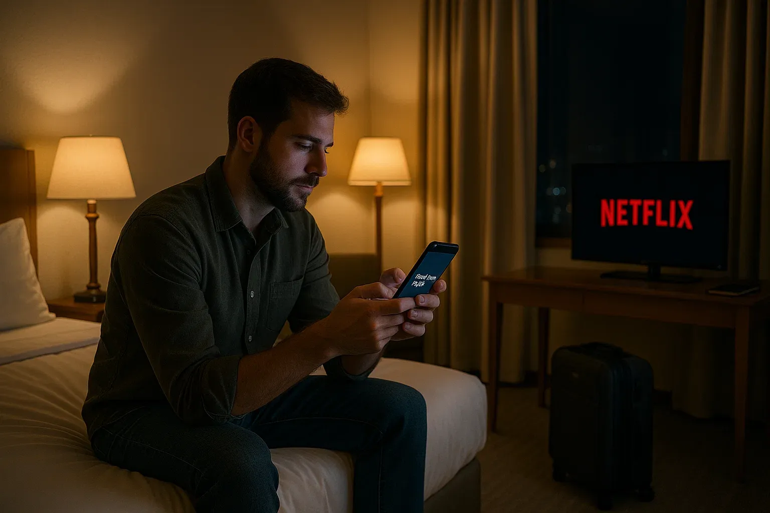 Traveler sitting in a hotel room at night installing an eSIM from their phone before watching Netflix, soft lighting, calm evening mood