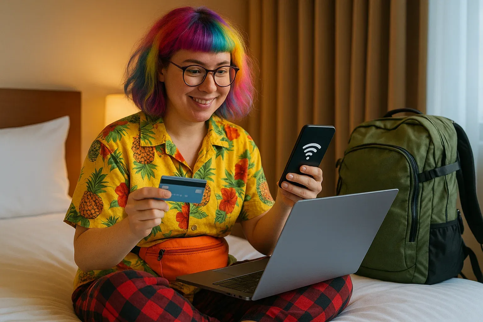 Traveler sitting in hotel room shopping online on laptop and phone using mobile hotspot from eSIM-enabled device, cozy atmosphere, illustrating safe e-commerce abroad