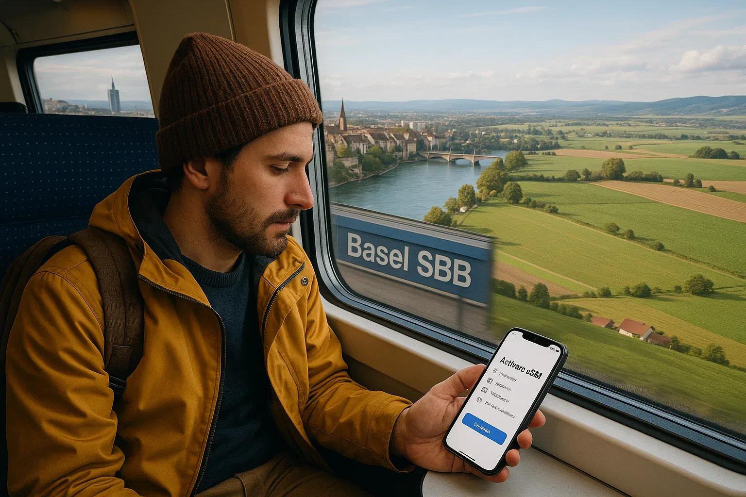 Traveler sitting on a train leaving Basel SBB, checking an eSIM activation screen while the city landscape transitions into the French and German countryside