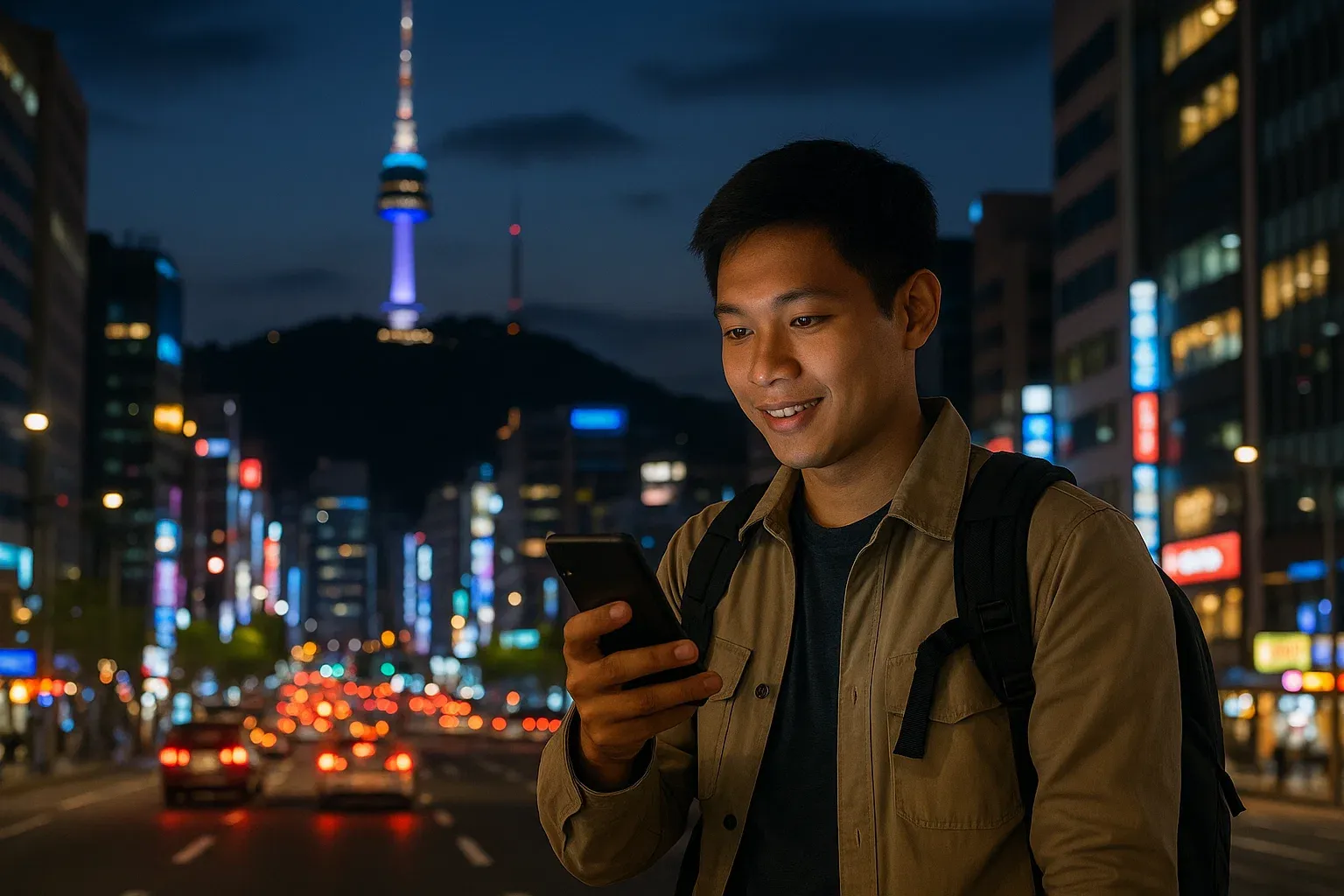 Traveler standing in Seoul with phone in hand, Namsan Tower in background, bright city lights — modern, connected travel atmosphere for Singapore-Korea journey