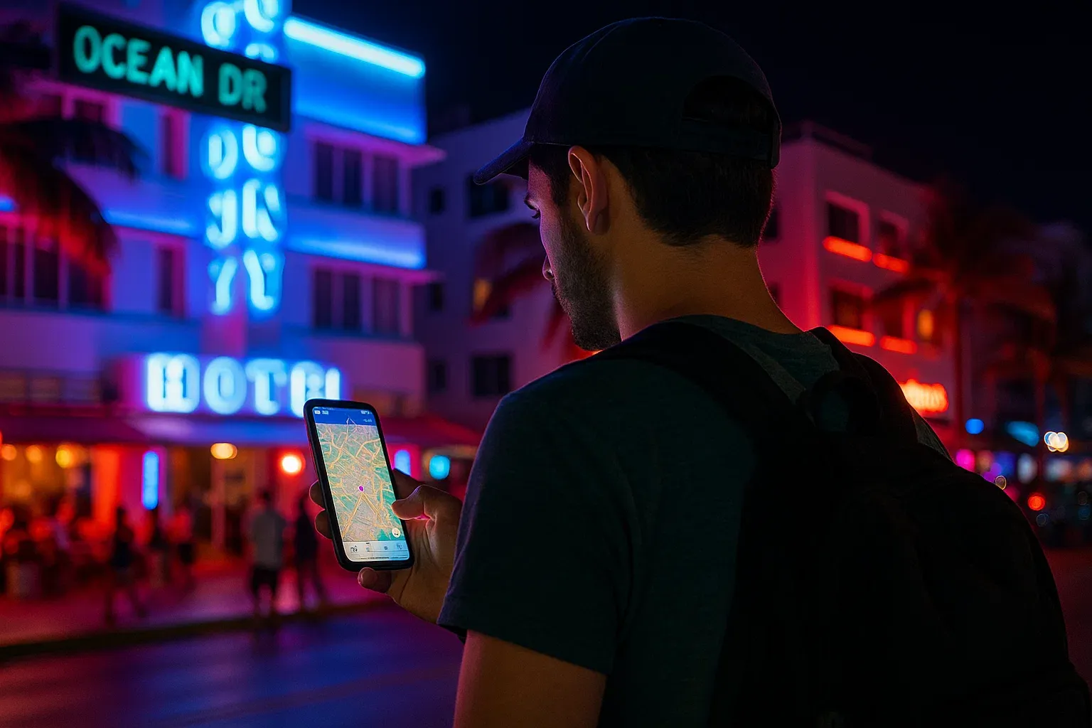 Traveler standing on Ocean Drive with neon lights reflecting on their phone screen, checking maps through eSIM data, night-time vibrant Miami scene