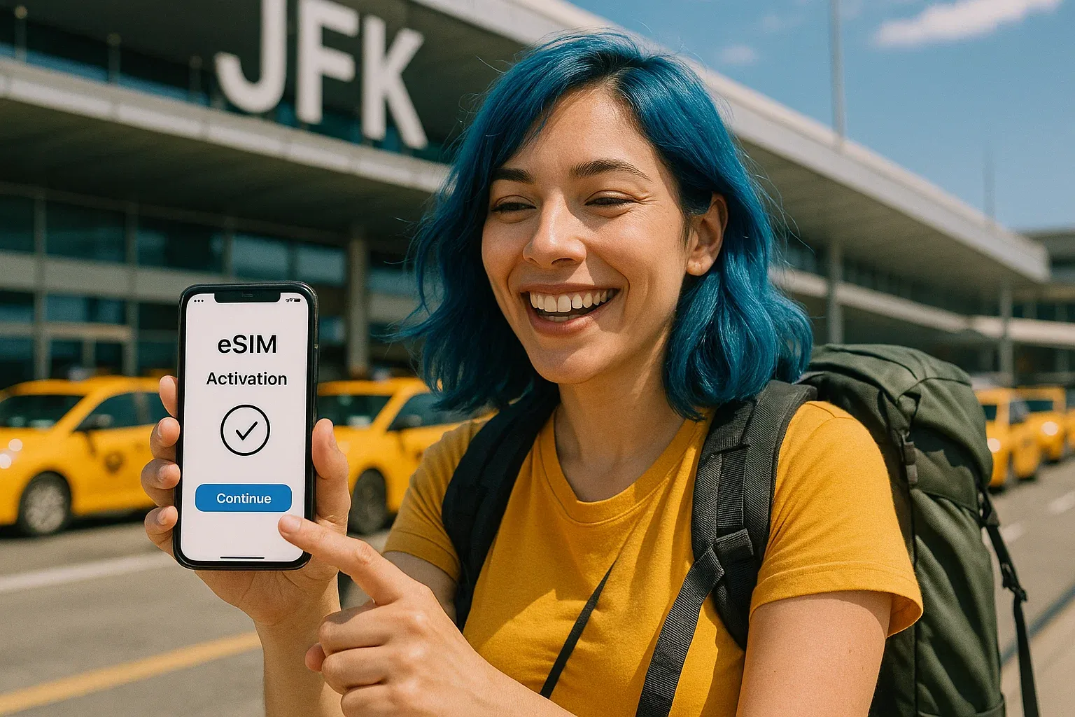 Traveler standing outside JFK Airport holding phone with eSIM activation screen, yellow taxis in background, bright urban tone, energetic travel moment