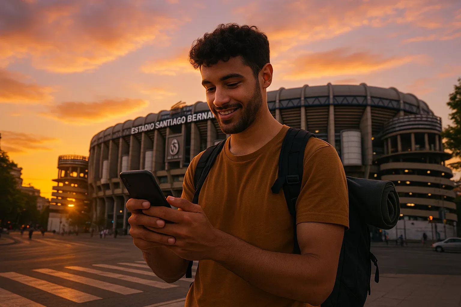 Traveler standing outside a stadium in Madrid using phone to upload football highlights, sunset lighting, travel-ready atmosphere — modern and social vibe.