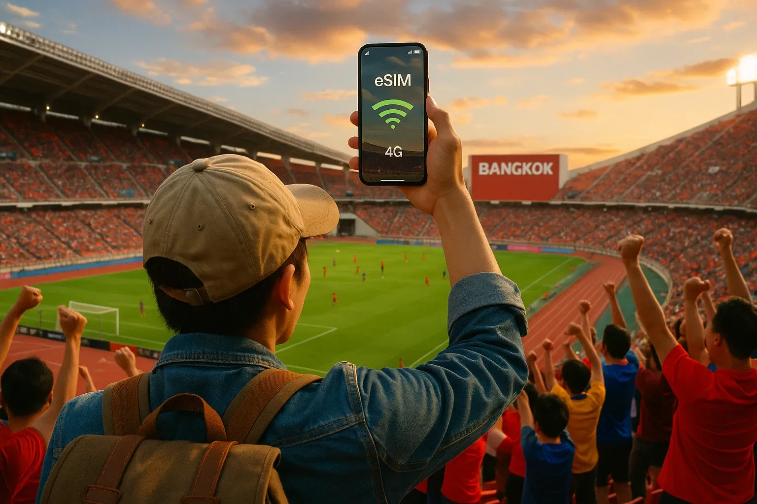 Traveler taking a photo at a stadium in Bangkok with phone showing active eSIM data, crowd cheering — vivid matchday energy and digital connectivity theme