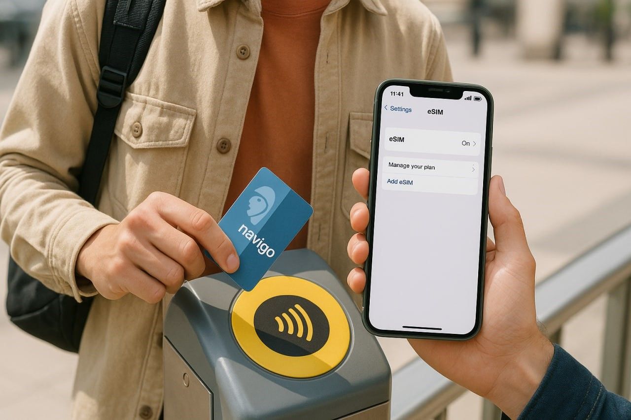 Traveler tapping their Navigo Pass and checking eSIM settings on smartphone