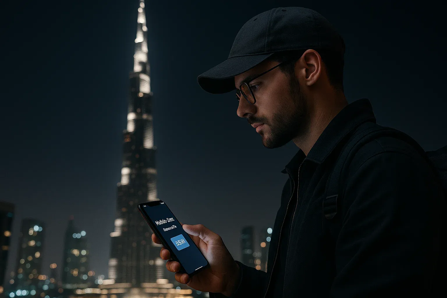 Traveler using a smartphone with Burj Khalifa visible in the background at night, device showing mobile data connected through eSIM — sleek, urban, travel-tech tone