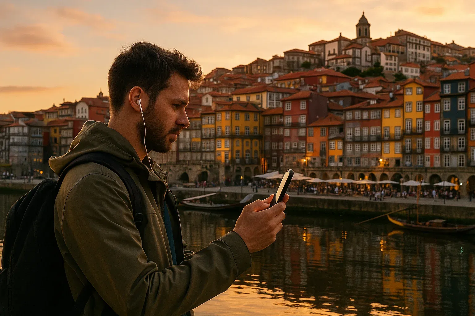 Traveler using mobile data near Porto’s Ribeira district; river reflections, colorful houses, and warm evening light