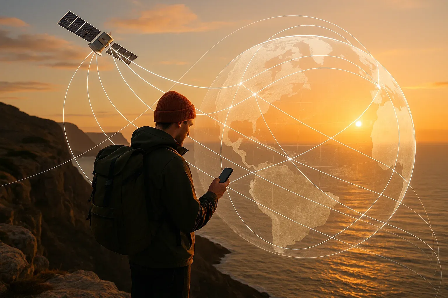 Traveler using phone on a cliff with satellite beams overlayed, showing hybrid network paths that maintain global eSIM coverage