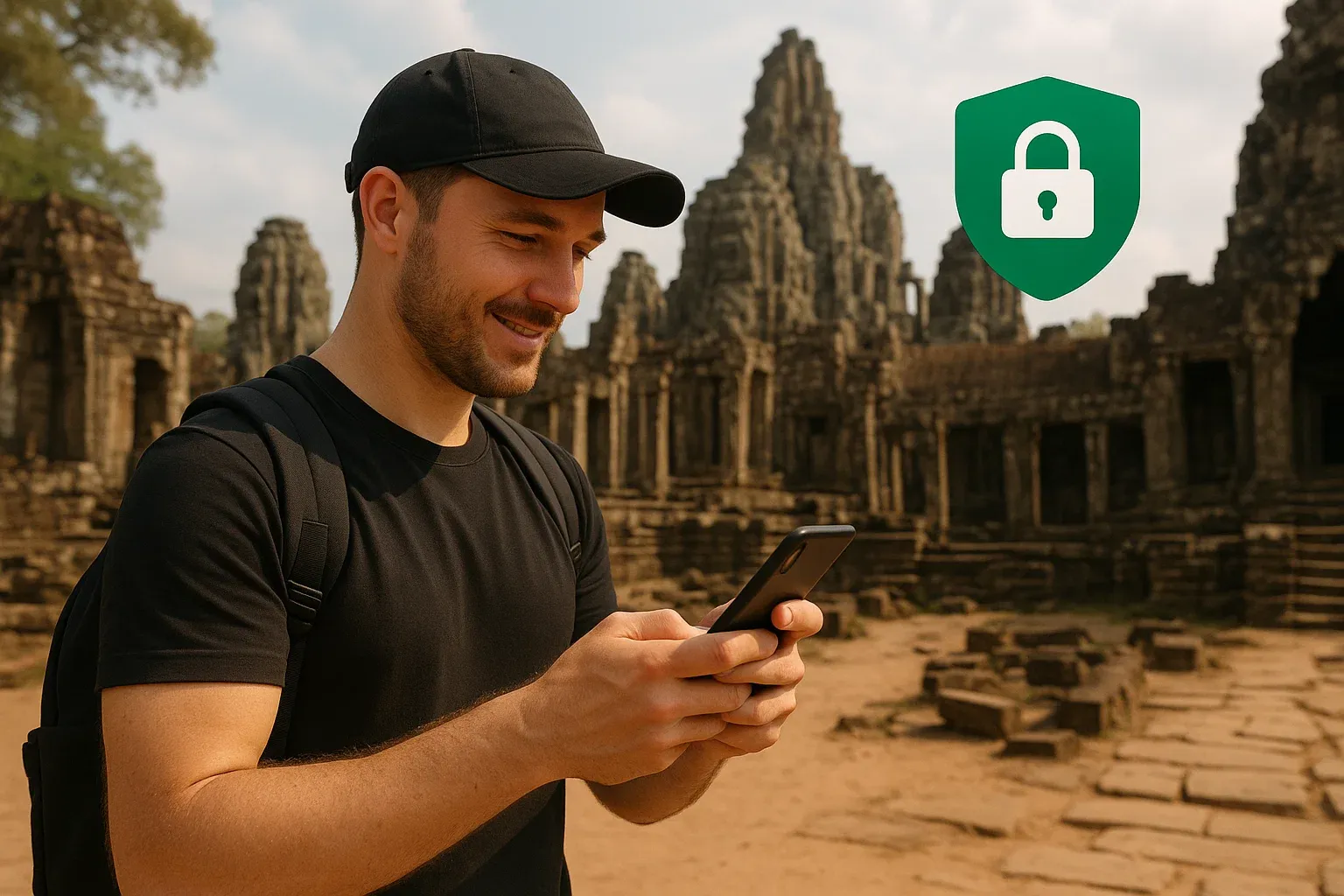 Traveler using phone with temple ruins in Siem Reap, secure and confident connectivity mood, mobile safety emphasis
