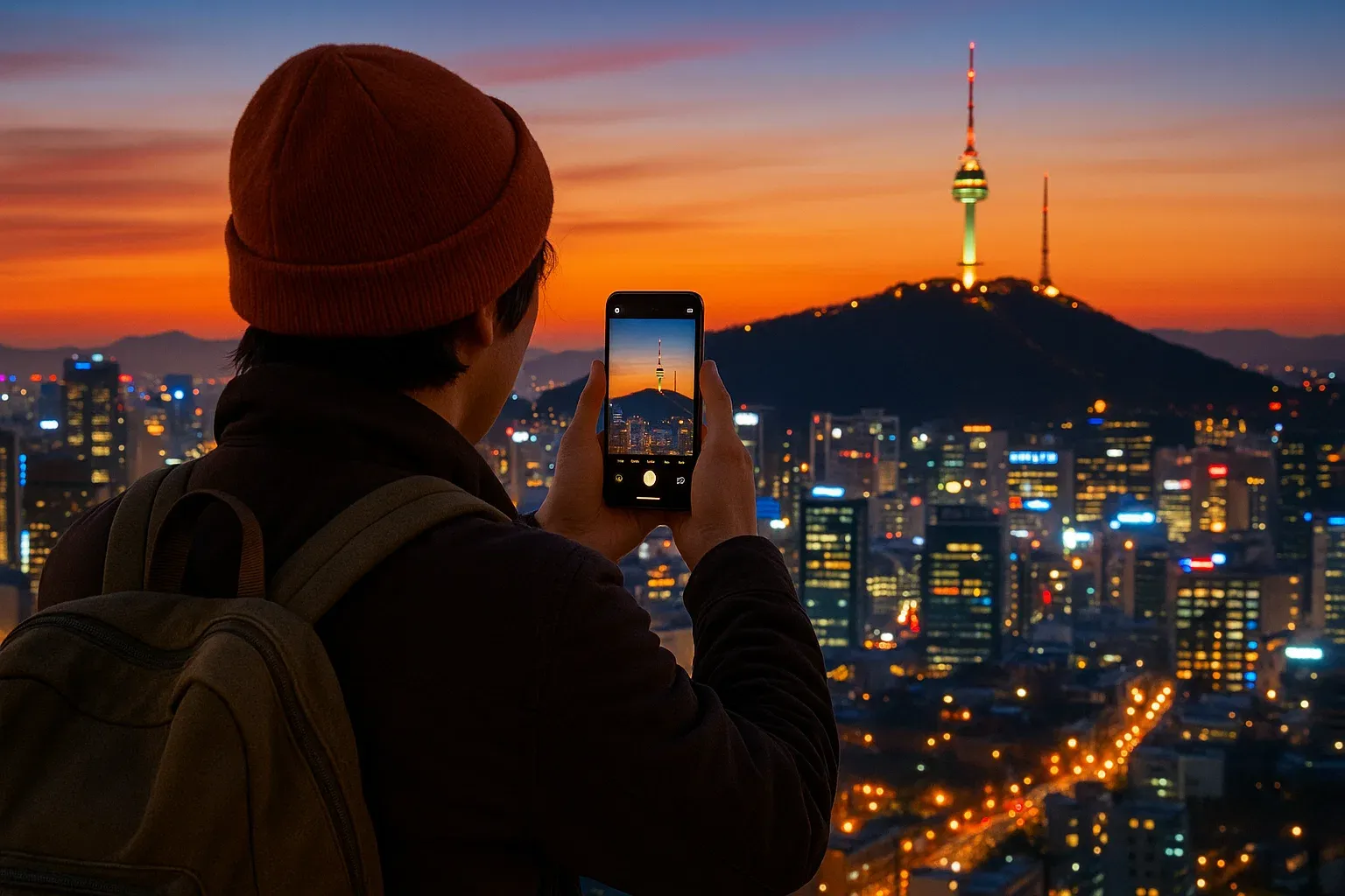 Traveler using smartphone to capture Seoul skyline at sunset, connected via eSIM for South Korea; bright city lights and travel-friendly vibe