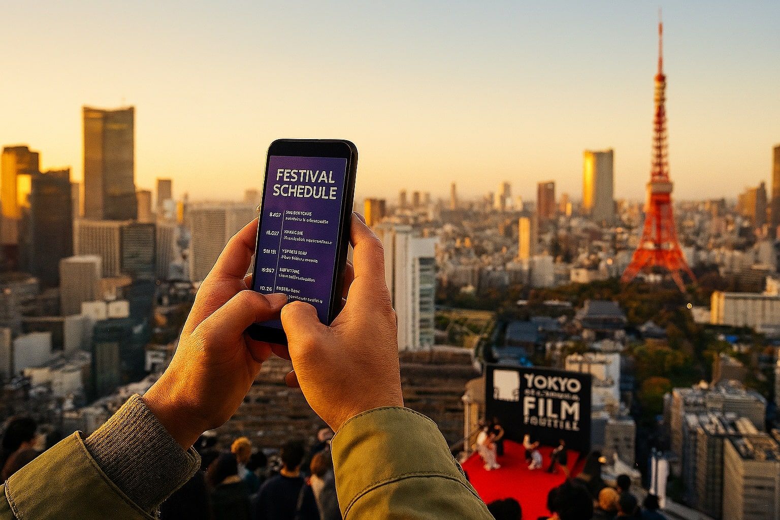 Traveler using smartphone to check TIFF schedule against Tokyo skyline